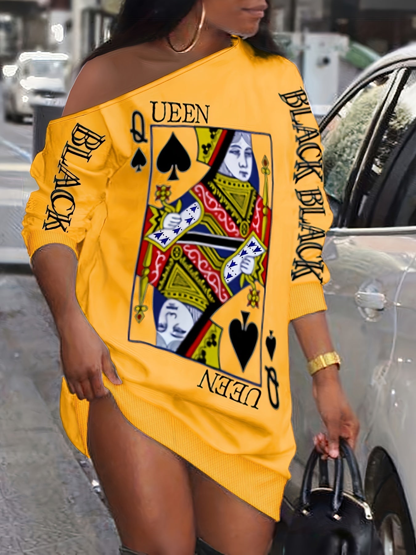 Slant Shoulder Queen Poker Print Dress, Long Sleeve Casual Dress For Fall & Spring, Women's Clothing